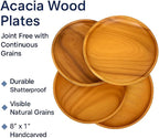 Acacia Wooden Plates – Set of 4, 8” Round Rustic Side Dish & Dessert Plates, Handcrafted Natural Tableware for Appetizers, Snacks, Dining, or Gift
