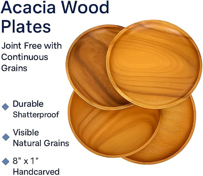 Acacia Wooden Plates – Set of 4, 8” Round Rustic Side Dish & Dessert Plates, Handcrafted Natural Tableware for Appetizers, Snacks, Dining, or Gift