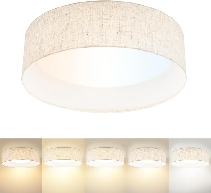 Hamilyeah 16 inch LED Flush Mount Ceiling Light, 24W Kitchen Lighting Fixture Ceiling Mount with Fabric Shade, Dimmable Drum Ceiling Lighting Fixture 5CCT for Bedroom, Bathroom, Living Room, Kitchen