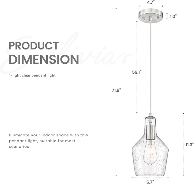 Emliviar 1-Light Modern Hanging Ceiling Light, Brushed Nickel Finish Kitchen Light Fixture, Adjustable Pendant Lighting with Seeded Glass Shade, DYE286G2-MIL BN
