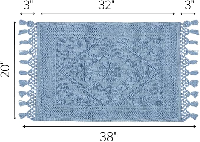 Savi Home Cotton Woven Jacquard Bathroom Rug, Woven Fringe Bathroom Mats, 100% Cotton, Non - Slip Bath Mat, Durable Thick Bath Mat 20”x38” with Fringes, Sky Blue