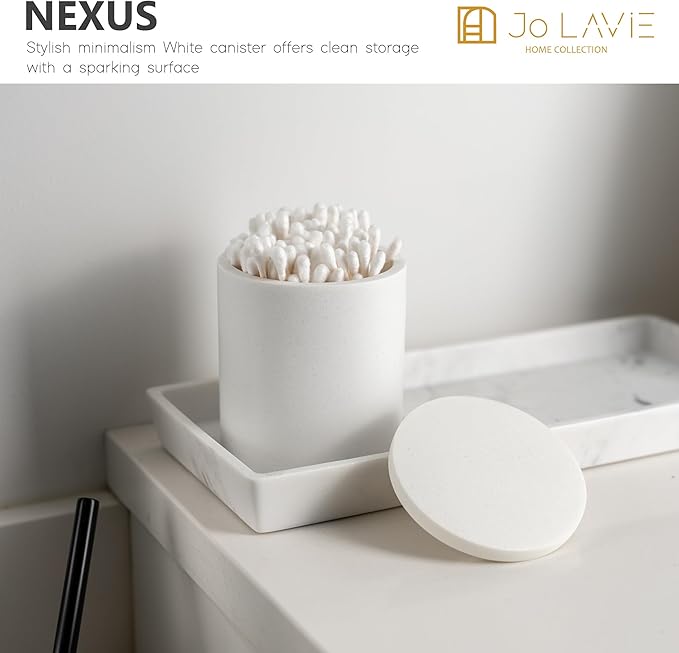 Cotton Swab Holder Bathroom Organizer – Bathroom Canisters with Lids Cotton Pad Holder for Countertop, Vanity – Luxury Apothecary Jars with Lids Hold Swabs, Makeup Pads (White)