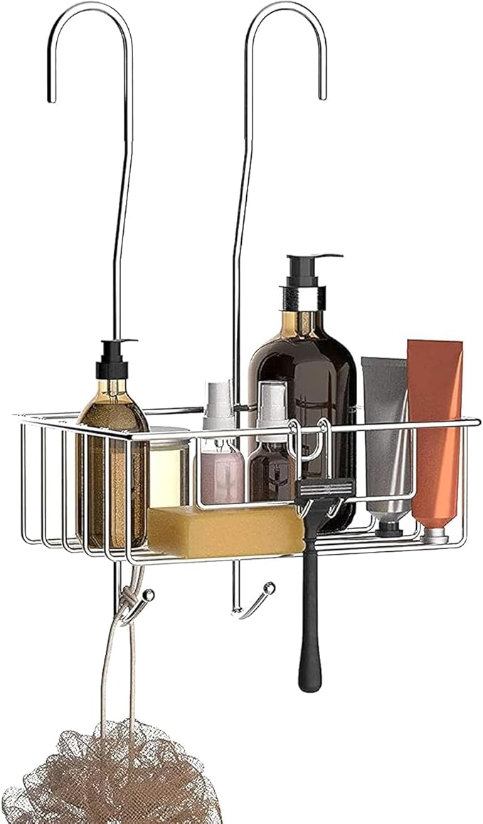 Bamodi Shower Caddy Hanging Stainless Steel | Rustproof Hanging Basket with Hooks-Shower Shelf Bathroom Accessory with Silicone Sleeves and Rubber Rings for Noise Cancelling (15.7x 9.8x 5 Inches)