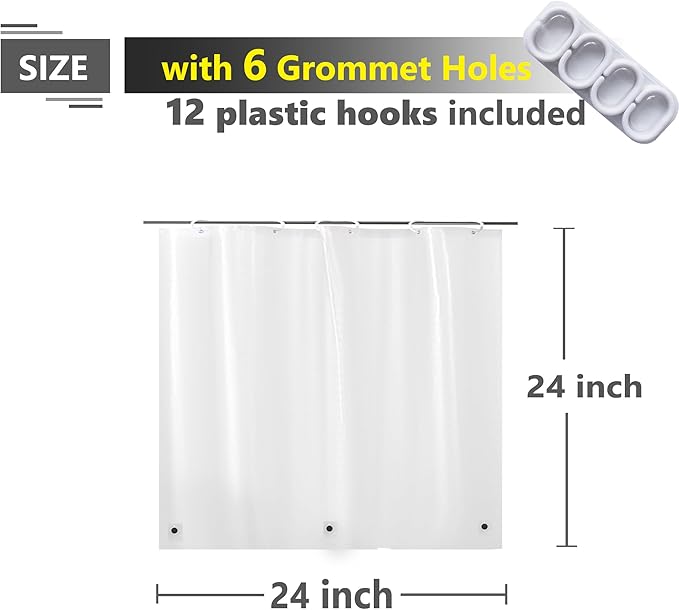 Waterproof Frosted Shower Curtain for Window Inside Shower, Vinyl Bathroom Window Curtain 24" x 24" with Hooks, Heavy Duty Peva Silky Frost, 24x24