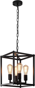 Black Chandelier Dining Room Light Fixtures,4-Light Farmhouse Chandelier Metal Cage Hanging Pendant Lighting Adjustable Height,Industrial Hanging Lights for Kitchen Island Dining Room Hallway Foyer