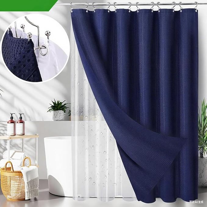Navy Blue Bathroom Set, 25 PCS Bathroom Accessories Set with Shower Curtains, Rugs, Trash Can, Toothbrush Holder, Soap Dispensers, Toothbrush Cup, Vanity Tray, Soap Dish, Toilet Brush, Qtip Holders
