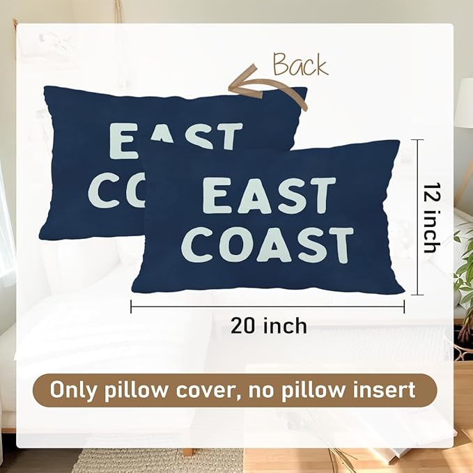 Coastal Throw Pillow Cover 12x20, Navy Blue Preppy East Coast Coquette Decor for Girls Room College Sofa Couch, Trendy Retro Dorm - Navy Blue