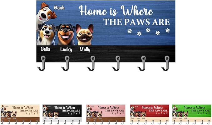 Personalized Dog Leash Key Holder Custom Name Portrait Dog Paw Family Key Hanger for Hallway Entryway Wall Mounted Pet Stuff Organizer Hanger Housewarming Home Decoration Gift for Pet Lovers
