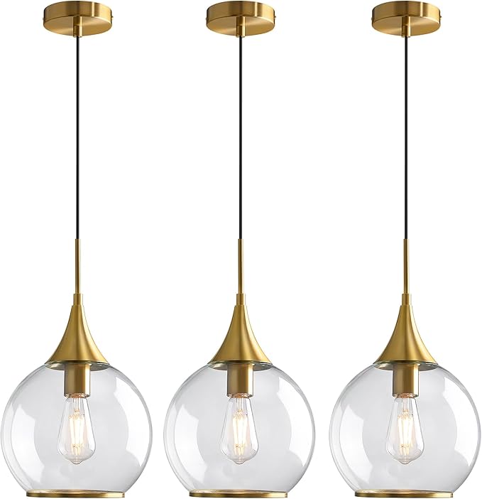 Pendant Lights Kitchen Island: 3 Pack Gold Light Fixture Modern with Clear Glass - 10 Inch Mid Century Globe Kitchen Lighting Fixtures Ceiling for Foyer Bedroom