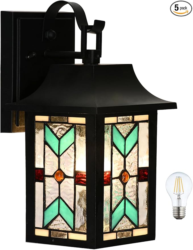 WL0009 Tiffany Style Outdoor Light Fixutres Stained Glass Wall Sconce Exterior Waterproof Wall Lantern Light for Balcony Aisle Hallway W 7X D 6 x H 12 Inches, Bulb Included (Chrolume)