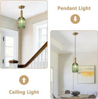 KCO Lighting Green Ribbed Glass Pendant Light Kitchen Island Small Antique Brass Ceiling Pendant Light Mid Century Modern Dining Room Hanging Light Fixture Gold Globe Pendant Lighting