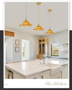 Vintage Glass Pendant Light，Green Flower Ceiling Pendant Light，Gold Adjustable Hanging Wire for Kitchen Island Dining Room Bedroom Hallway (10Inch - Amber(A))