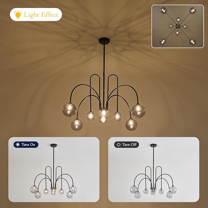 8 Lights Modern Sputnik Chandelier Large Luxury L41” Black Mid Century Smoke Glass Globe Ceiling Pendant Lighting Contemporary for Foyer Staircase Living Dining Room Kitchen