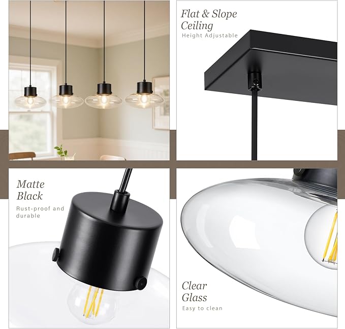 4-Light Kitchen Island Lighting, Black Linear Chandelier Modern Dining Room Light Fixture with Clear Glass, Adjustable Hanging Lighting for Kitchen Dining Room, OS-JJ1513-4CBK