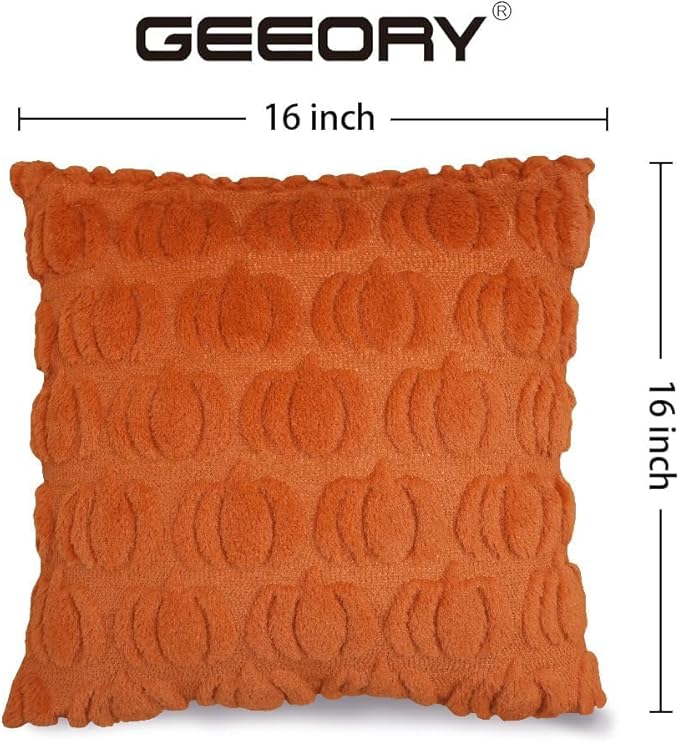 GEEORY Fall Pumpkin Throw Pillow Covers 16x16 Inch Set of 2, Autumn Soft Plush Faux Fur Wool Decorative Farmhouse Holiday Cushion Case for Home Decoration (Rust) GC001-16