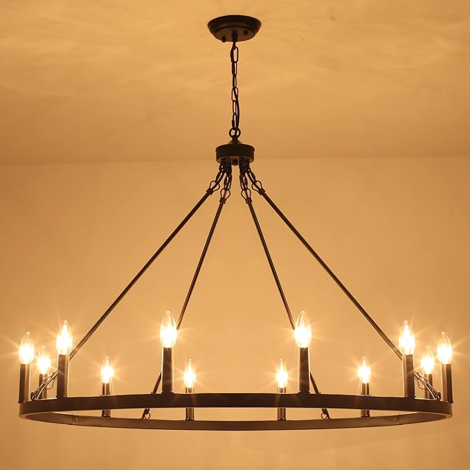 Black Wagon Wheel Chandelier 12-Light Farmhouse Chandelier for Living Room 38" Round Rustic Industrial Hanging Light Fixture for Dining Room Foyer Hallway Kitchen Island
