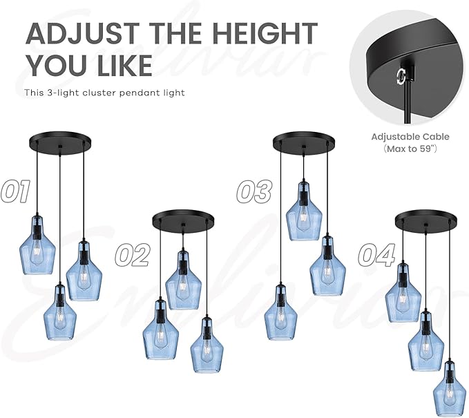 Emliviar 3-Light Cluster Pendant Light, Blue Hanging Pendant Lights with Seeded Glass for Kitchen Hallway Dining Room, DYE286G1-3 BK