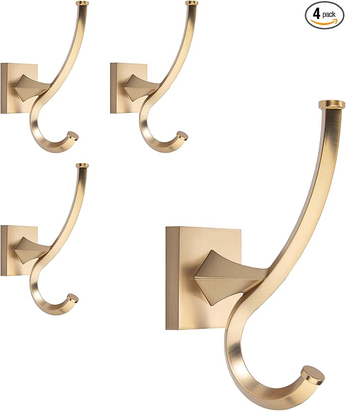 TUNNY 4 Pack Vintage Wall Hooks-Champagne Gold Coat Hooks Towel Hook for Hanging Heavy Duty Bathroom Hook Hat Hook Double Wall Mounted Coat Hanger
