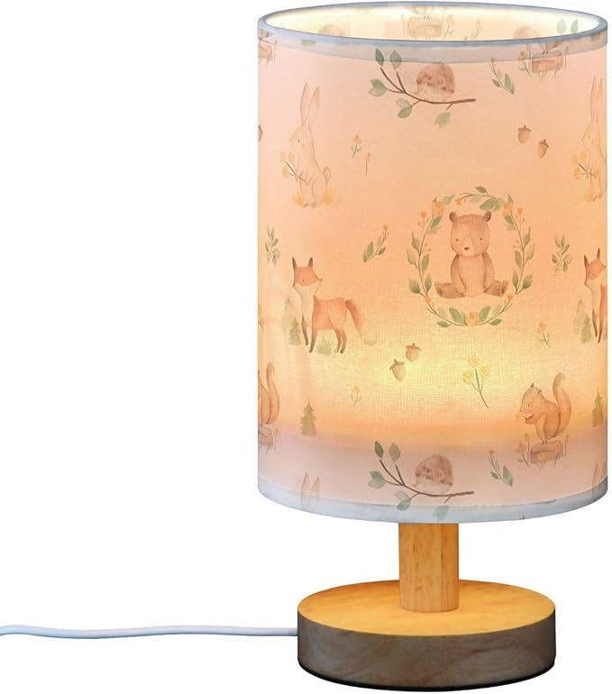 Table Lamp Woodland Animal Fox Bear Squirrel Rabbit Hedgehog Floral Branch Nightstand Lamp with Wood Base Fabric Lamp Shade Bedside Desk Lamp for Living Room Bedroom Kids Room Office