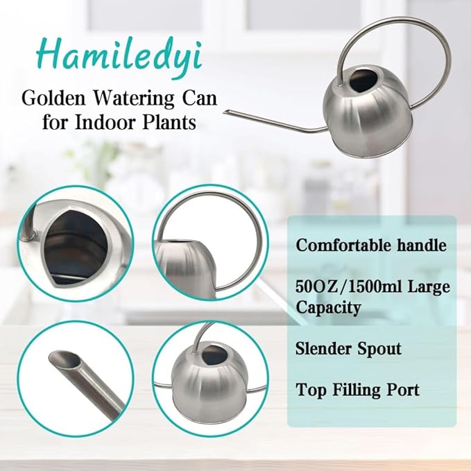 Hamiledyi 50 oz/1500 ml Stainless Steel Watering Can with Long Spout Metal Watering Can Indoor Outdoor Flower Watering Pot for Garden Orchid Bonsai Office Desk Plants (Silver)