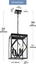 4-Light Outdoor Pendant Light Fixtures Large 15.7'' Black Outdoor Chandelier Metal Cage Exterior Hanging Porch Light w/Glass Shade, Outdoor Pendant Lantern Lamp for Front Porch Balcony Foyer