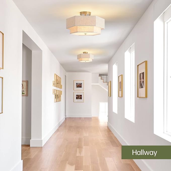 Modern Semi Flush Mount Ceiling Light 15.7" Boho Light Fixture with Linen Shade, Double Drum 3-Light Entryway Pendant Light, Close to Ceiling Light Fixtures for Living Room Bedroom Nursery
