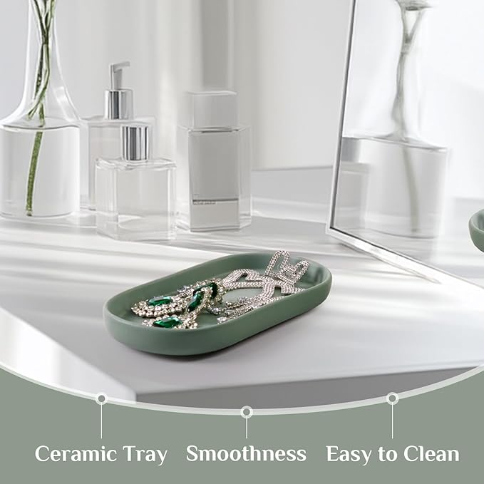 Ceramic Jewelry Tray – Oval Vanity Dish for Rings, Earrings, Bracelets – Minimalist Decorative Trinket Holder for Dresser, Bathroom, Nightstand – Matte Green
