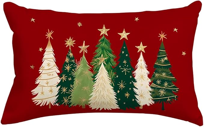RABUSOFA Christmas Tree Pillow Covers 12x20 Inch,Watercolor Christmas Decorations Pillows Decorative Throw Pillows Stars Xmas Lumbar Cushion Case for Home Decor Couch Winter Holiday(4-Red)