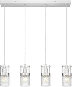 LMS 4-LightIsland Lighting, Brushed Nickel Kitchen Island Light Fixture, Farmhouse Linear Chandeliers for Dining Room Over Table Pendant Light with Hammered Glass for Living Room, LMS-171BN4L