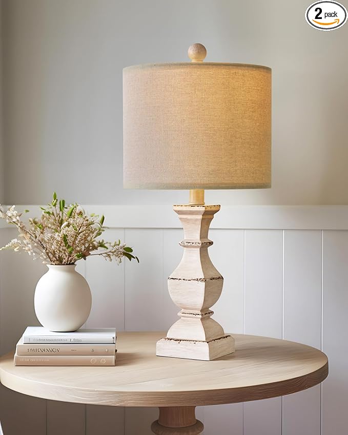 PoKat 20.5" Farmhouse Table Lamp, Vintage Bedside Lamps for Bedroom, Rustic Small End Table Lamps for Living Room, Traditional Nightstand Desk Lamps Distressed Washed White, Suitable for Small Place