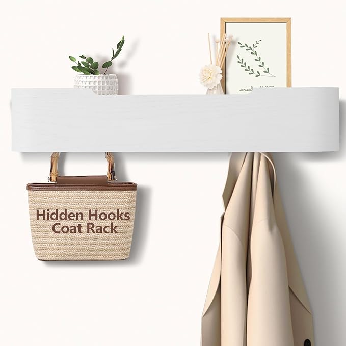 Coat Rack Wall Mount with Hidden Hooks Entryway Hanging Shelf Modern Wood Coat Hanger for Bedroom Kitchen Hallway Bathroom (White,20.9 Inch Long)