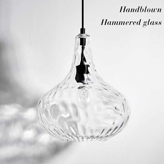 Glass Large Pendant Lights for Kitchen Island Blown Glass Pendant Light Clear Hammered Shade Hanging Ceiling Lights with Black Finish for for Kitchen Island, Sink, Hallway, Living Room 11 inch