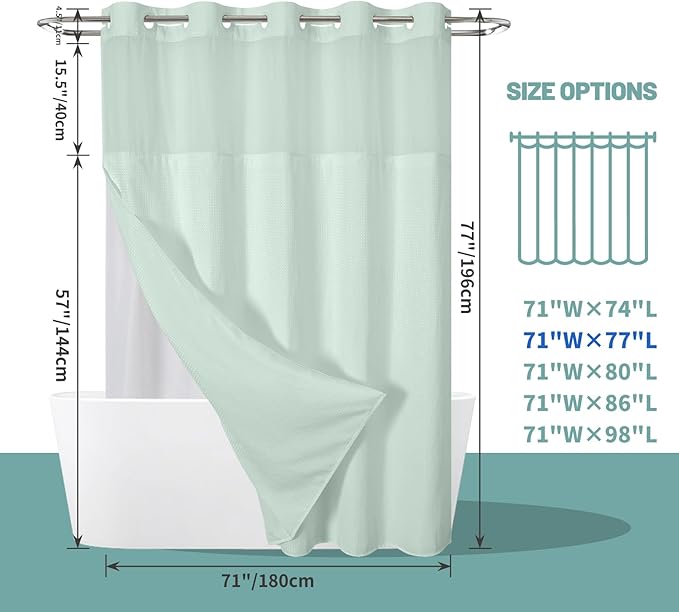MintGreen No Hook Waffle Weave Shower Curtain with snap-in Liner Replacement, 230GSM Waterproof Fabric Hotel Shower Curtain Set for Bathroom, Through Mesh Top Window,71Wx77H