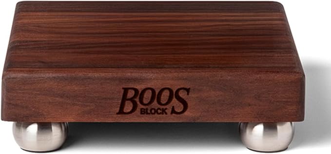 John Boos B Series Square Wooden Walnut Cutting Board 12”x12” – 1.5” Thick, 5-lb Non-Reversible Butcher Block with Stainless Steel Bun Feet & Edge-Grain