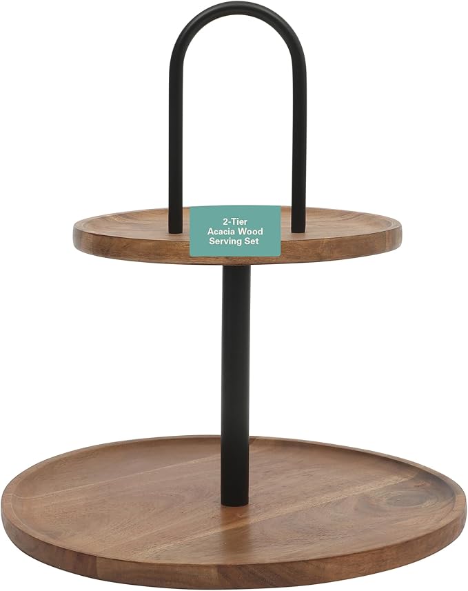 Gibson Home Gracious Dining 2-Tier Round Acacia Wood Serving Tray – Rustic Charcuterie Board Stand with Black Iron Handle – Tiered Party Platter, Dessert Display or Lazy Susan for Entertaining