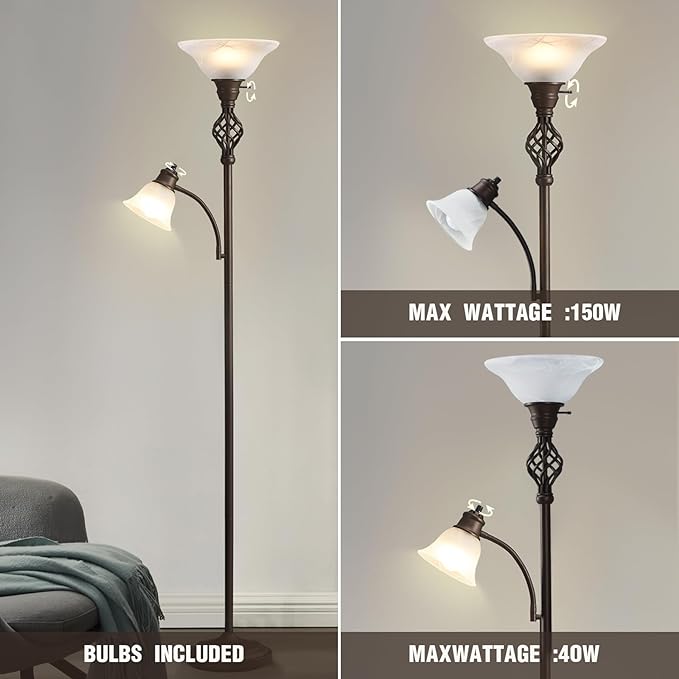 Torchiere Floor Lamp for Living Room, LED Standing Reading Light for Bedroom with Glass Shade for Living Room Corner Bedroom Home Office,Bulbs Included (Red Brown,Glass 2 Head)