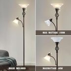 Torchiere Floor Lamp for Living Room, LED Standing Reading Light for Bedroom with Glass Shade for Living Room Corner Bedroom Home Office,Bulbs Included (Red Brown,Glass 2 Head)