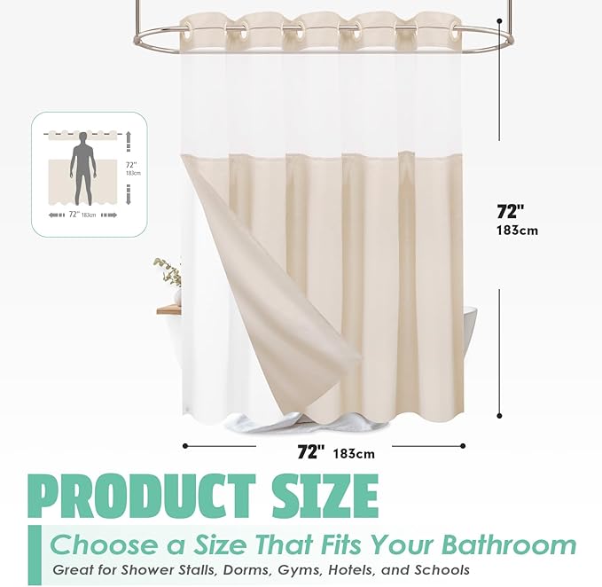 No Hook Linen Shower Curtain with Snap in Liner Set, Hotel Luxury Style Beige Shower Curtain with See Through Top Window, Machine Washable & Water Repellent, 72W x 72L Standard Size