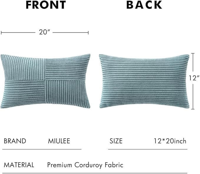 MIULEE Dusty Blue Corduroy Pillow Covers Pack of 2 Boho Decorative Spliced Throw Pillow Covers Soft Solid Couch Pillowcases Cross Patchwork Textured Cushion Covers for Living Room Bed Sofa 12x20 inch