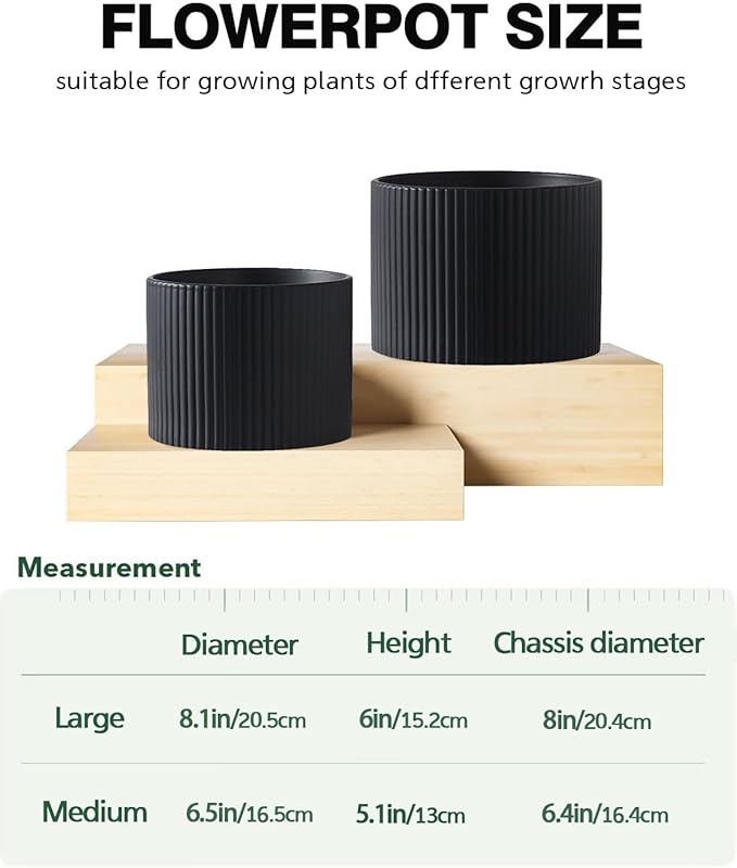 Ceramic Plant Pots, 8.1 + 6 Inch Planters for Indoor Plants, Modern Flower Pots for Plants with Drainage, Medium Cylinder Flower Pots for Indoor Plants, House Plants, Matte Black