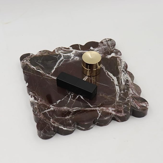 Square Marble Decorative Tray with Scalloped Edge, Luxury Natural Stone Bathroom Vanity Tray, Dresser Top Perfume Coffee Home Kitchen Sink Tray, Key Trinket Ring