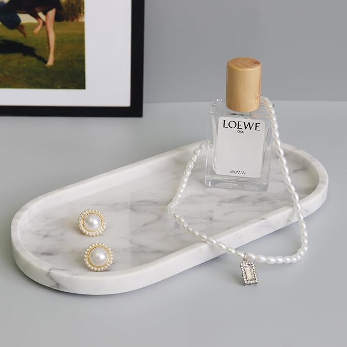 OOBOOB Oval Natural Marble Bathroom Tray for Decor Countertop, Marble Vanity Tray for Candles Perfume, Jewelry, Cosmetics, Elegant Vanity Organizer for Jewelry, Perfume