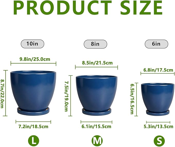 Ceramic Planters Set of 3 - Round Modren 10 Inch 8 Inch 6 Inch Plant Pots with Drainage Holes and Saucers, Flower Pots for Indoor Outdoor, Home Apartment Decor, Plant Lover Gifts, Blue
