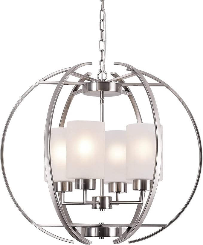 BOZO Brushed Nickel Chandelier Dining Room Lighting Fixtures Modern Foyer 24" Orb Chandeliers 4 Light Hanging Pendant Ceiling Lighting Frosted Glass Shades