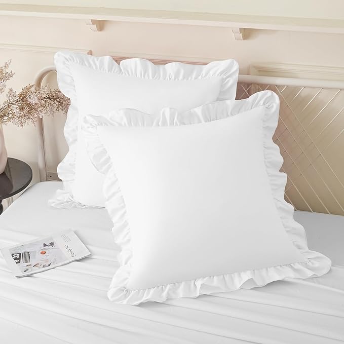 KKJIAF Ruffle Pillow Cases 26x26 Inches, White Square Ruffled Pillow Covers Set of 2, Microfiber Wrinkle Resistant Pillow Shams with Envelope Closure for Sofa Bed Living Room