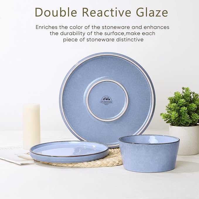 Herogo Dinnerware Sets with Pasta Bowls for 4, 16 Piece Dinner Salad Plates and Cereal Serving Bowls, Stoneware Dishes Dinner Ware for Home Kitchen, Dishwasher & Microwave Safe, Haze Blue