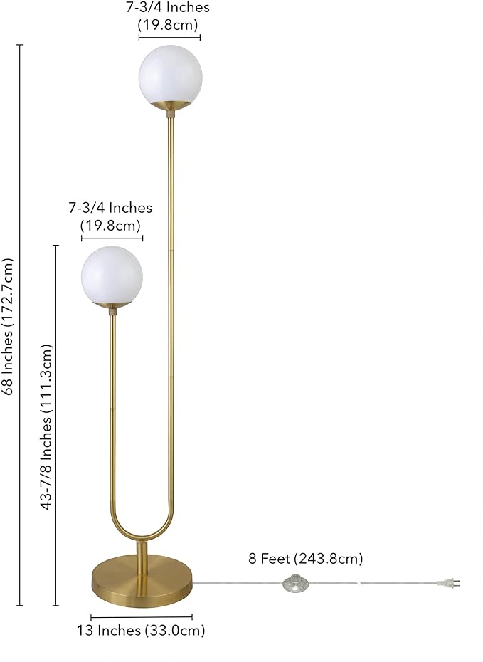 Henn&Hart 68.5'' Mid-Century Modern 2-Light Floor Lamp with White Milk Glass Globe Shade for Living Room, Bedroom, or Office, Brass