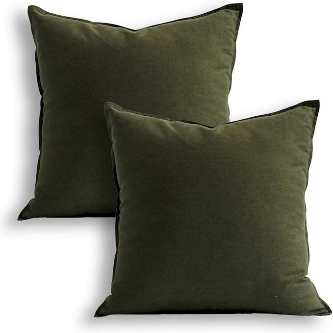 Jeanerlor Pack of 2 24 x 24 Inch Cotton Linen Soft Soild Decorative Square Throw Pillow Covers Green Cushion Case Set for Bedroom/Sofa/Car 60 x 60cm,Olive Green
