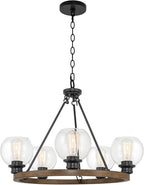 Kira Home Elwood 25" 5-Light Industrial Rustic Farmhouse Wagon Wheel Chandelier + Clear Glass Globe Shades, Smoked Birch Finish