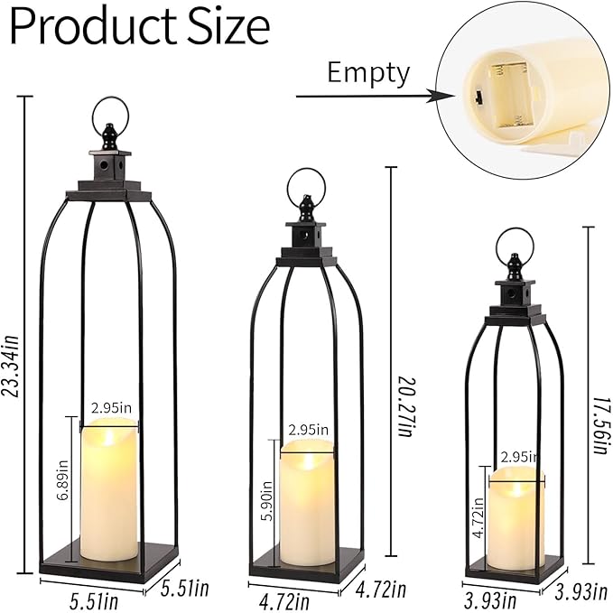 DARJEN 3 Pcs Black Metal Decorative Candle Lantern Set, 16'' 19'' 22'' Modern Lantern with 3 Flameless Candles for Indoor & Outdoor, Decorative Large Lanterns for Porch, Patio, Fireplace & Home Decor